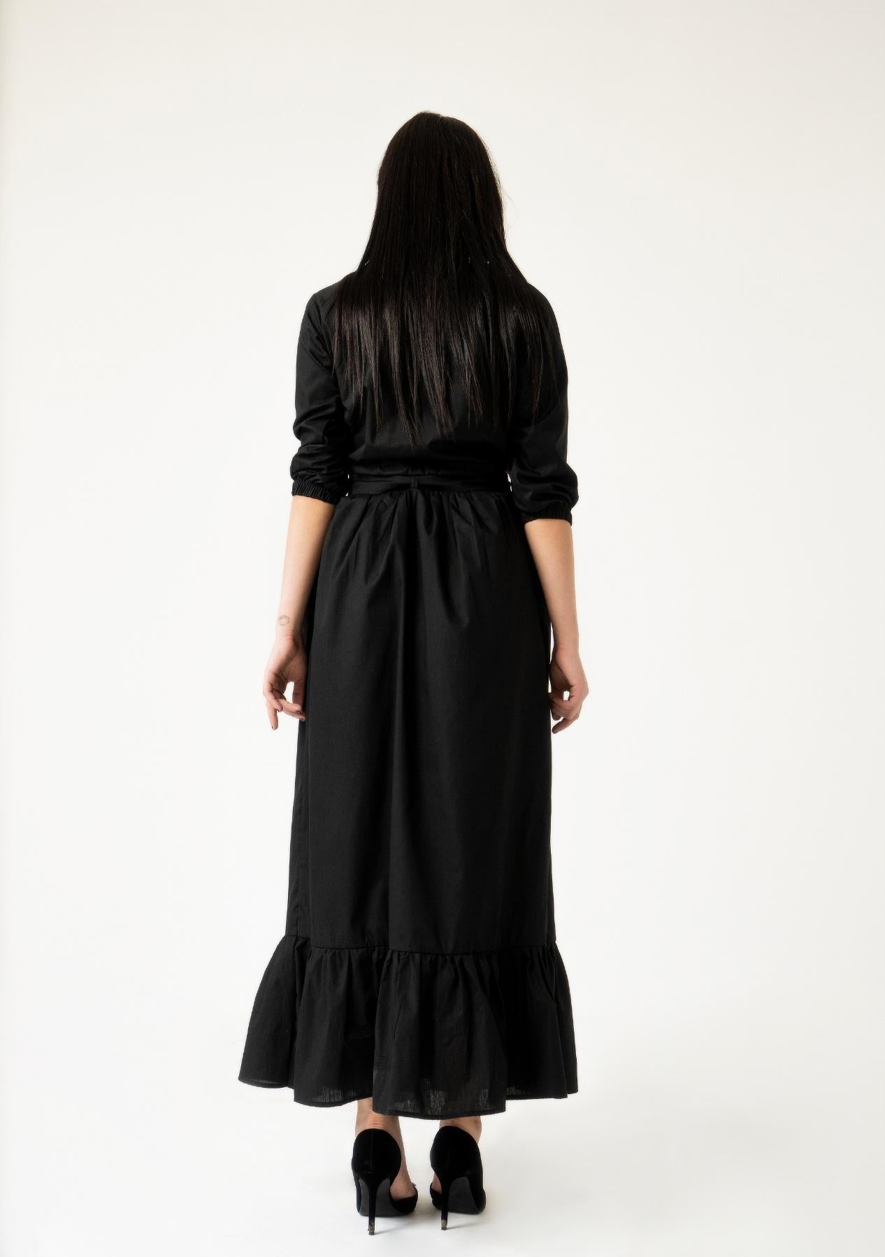 Ruffle Hem Skirt with Belt - black