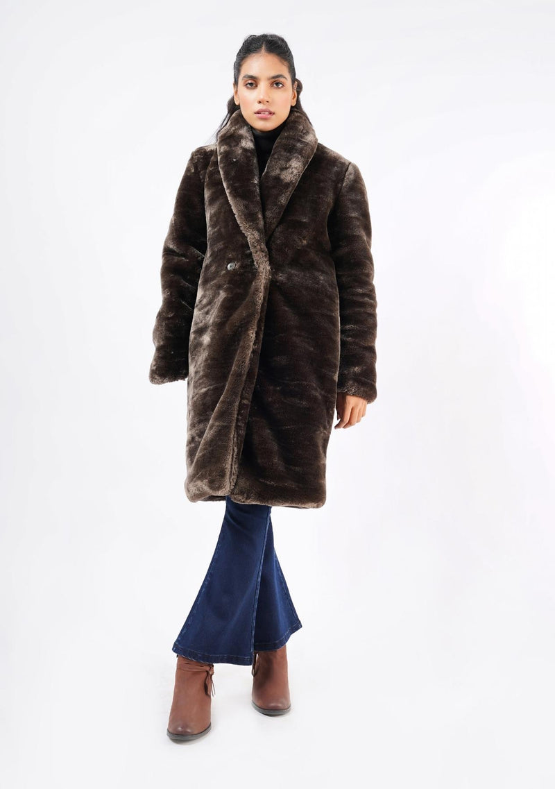 Long Fur Coat - Brown