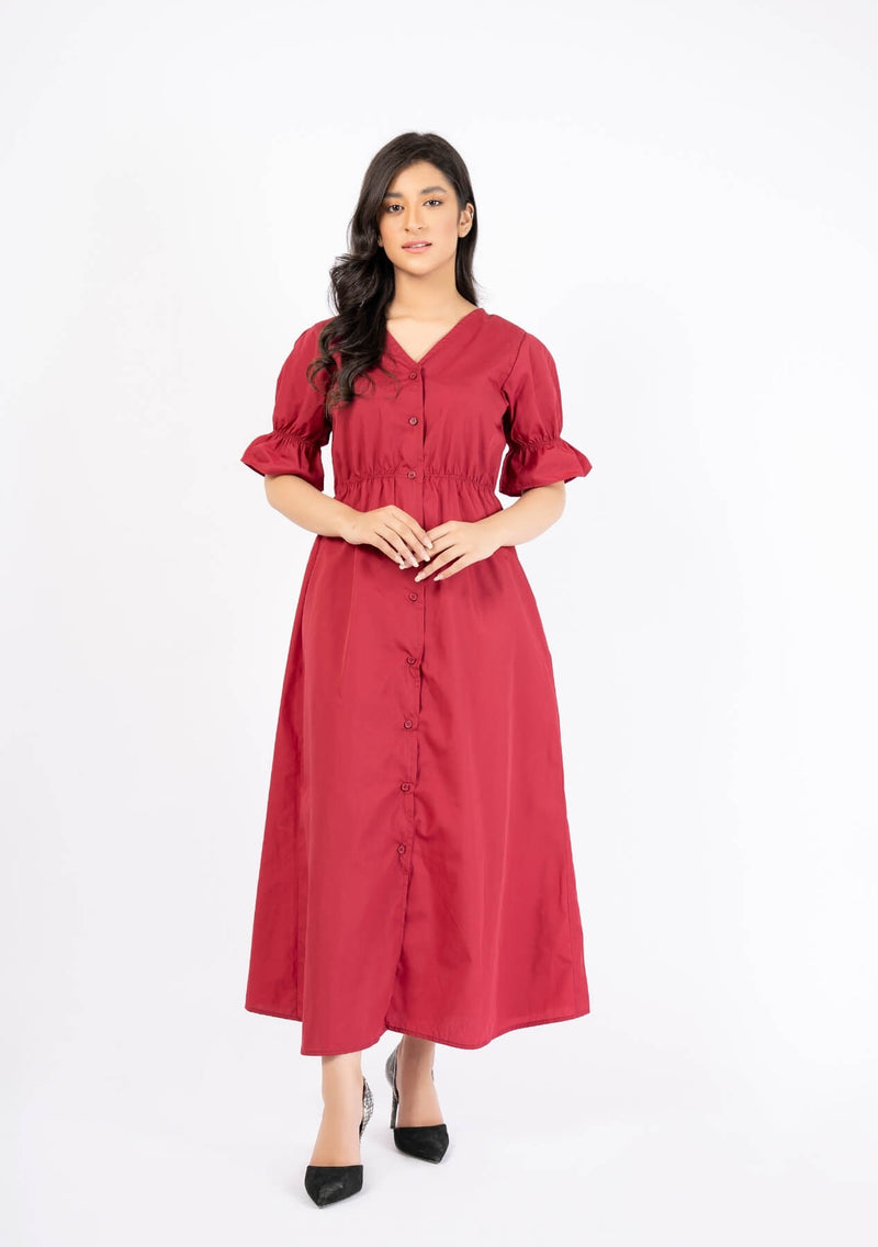 Front Button Maxi Dress - maroon