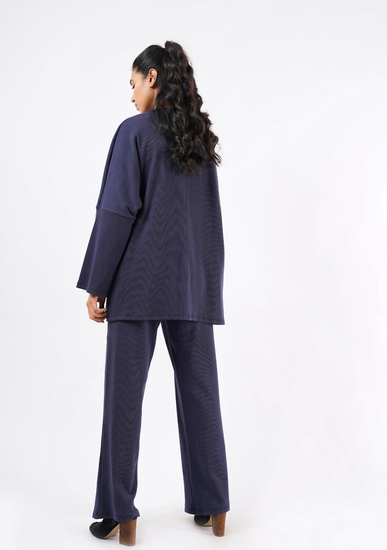 Rib Knit Wide Leg Pant with Pocket - navy blue