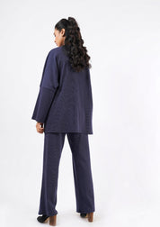 Rib Knit Wide Leg Pant with Pocket - navy blue