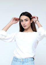 Off shoulder top with elasticated cuff - white