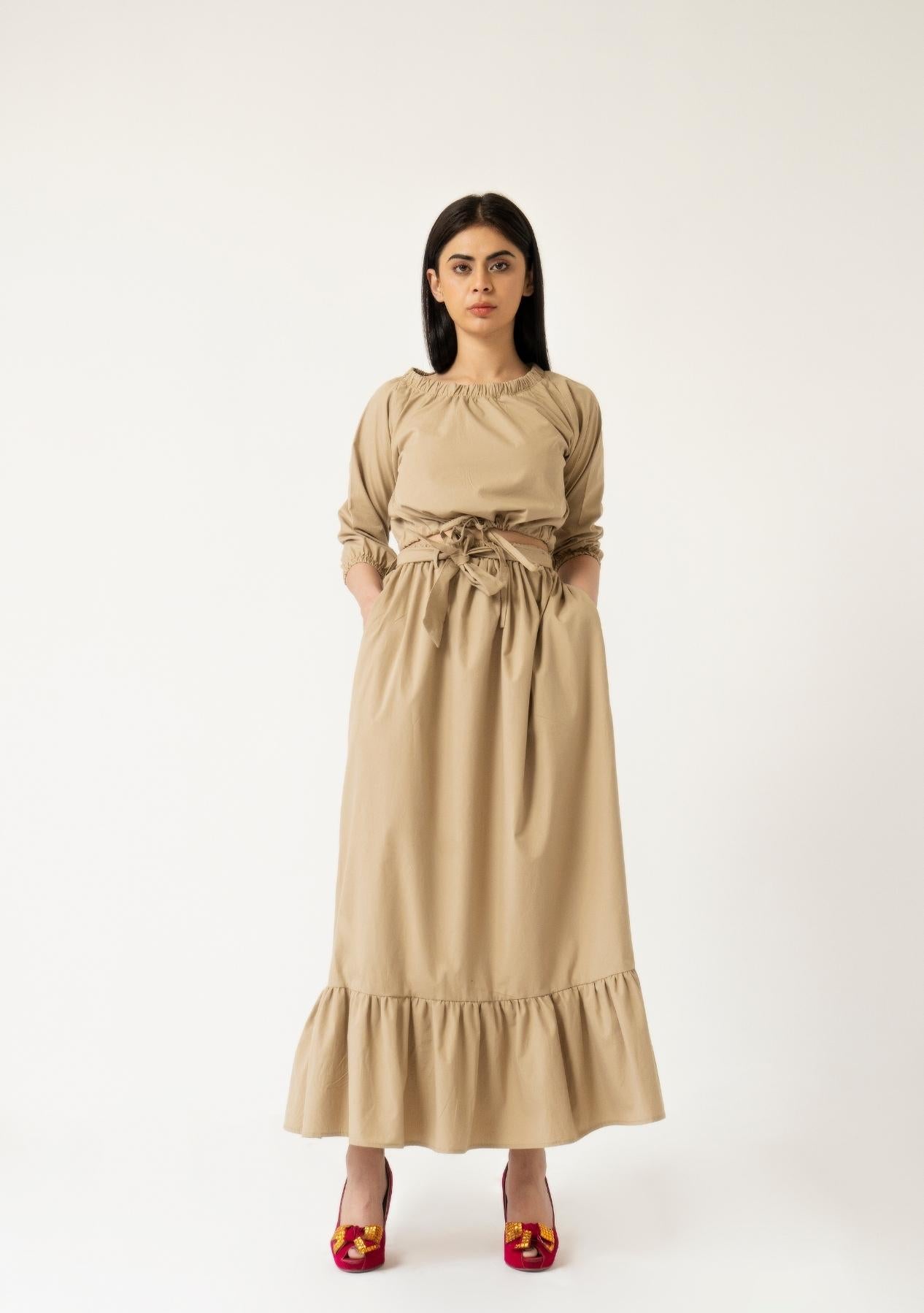 Ruffle Hem Skirt with Belt - Khaki