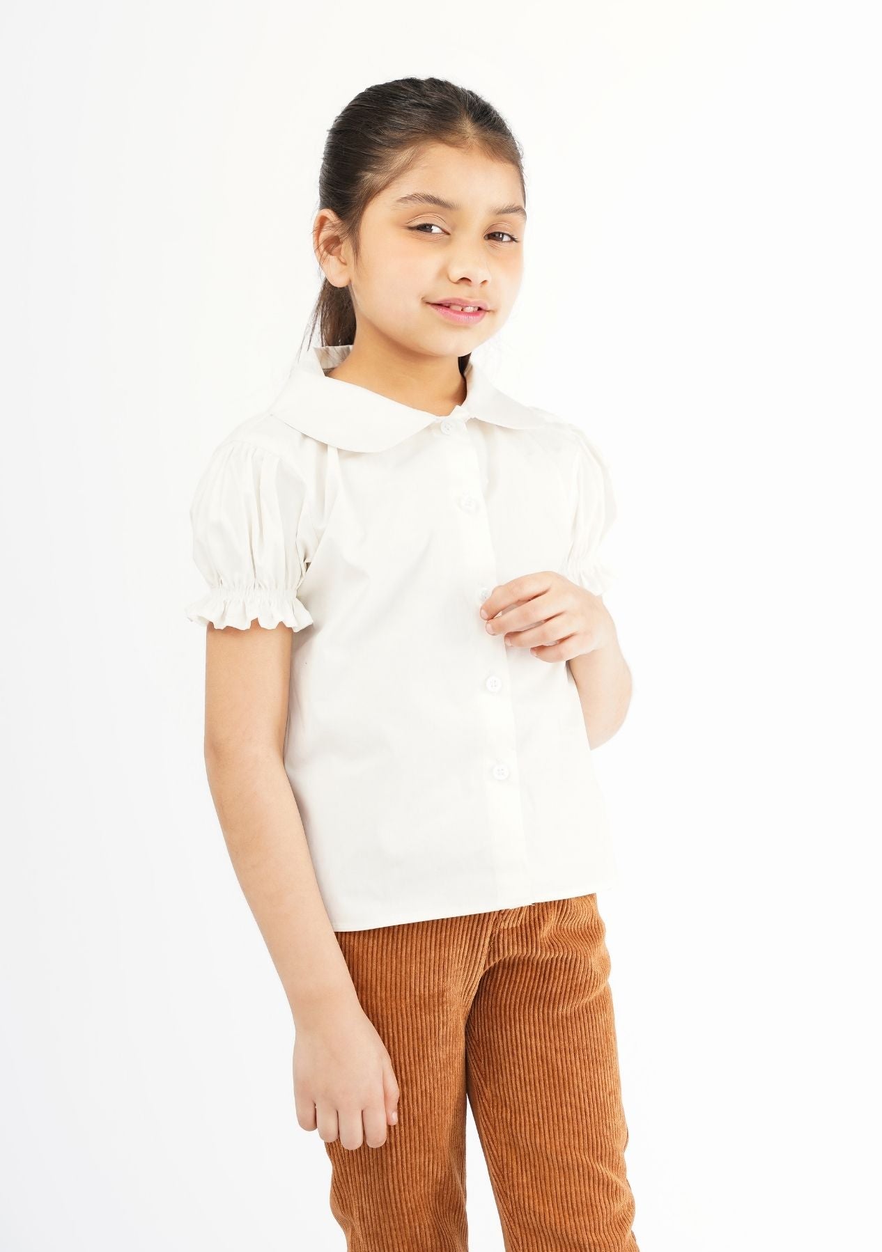 Girls Peter Pan Collar Front Button Blouse - White
