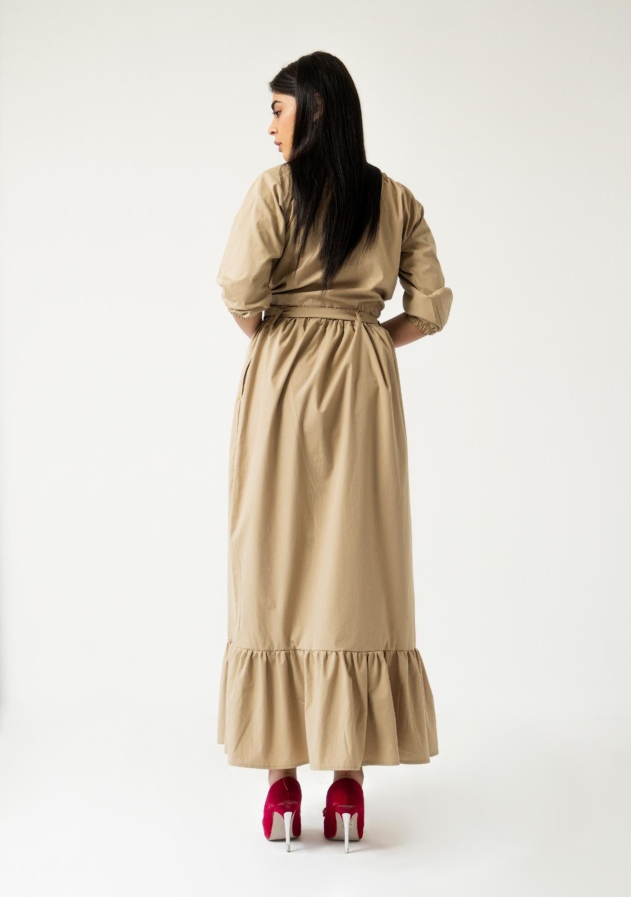 Ruffle Hem Skirt with Belt - Khaki