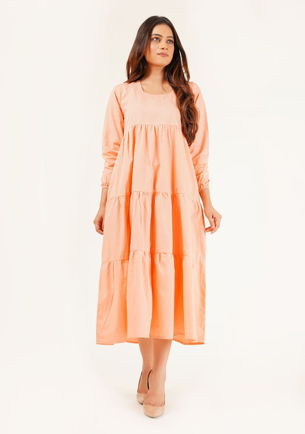 Full Sleeve Pleated Dress - peach
