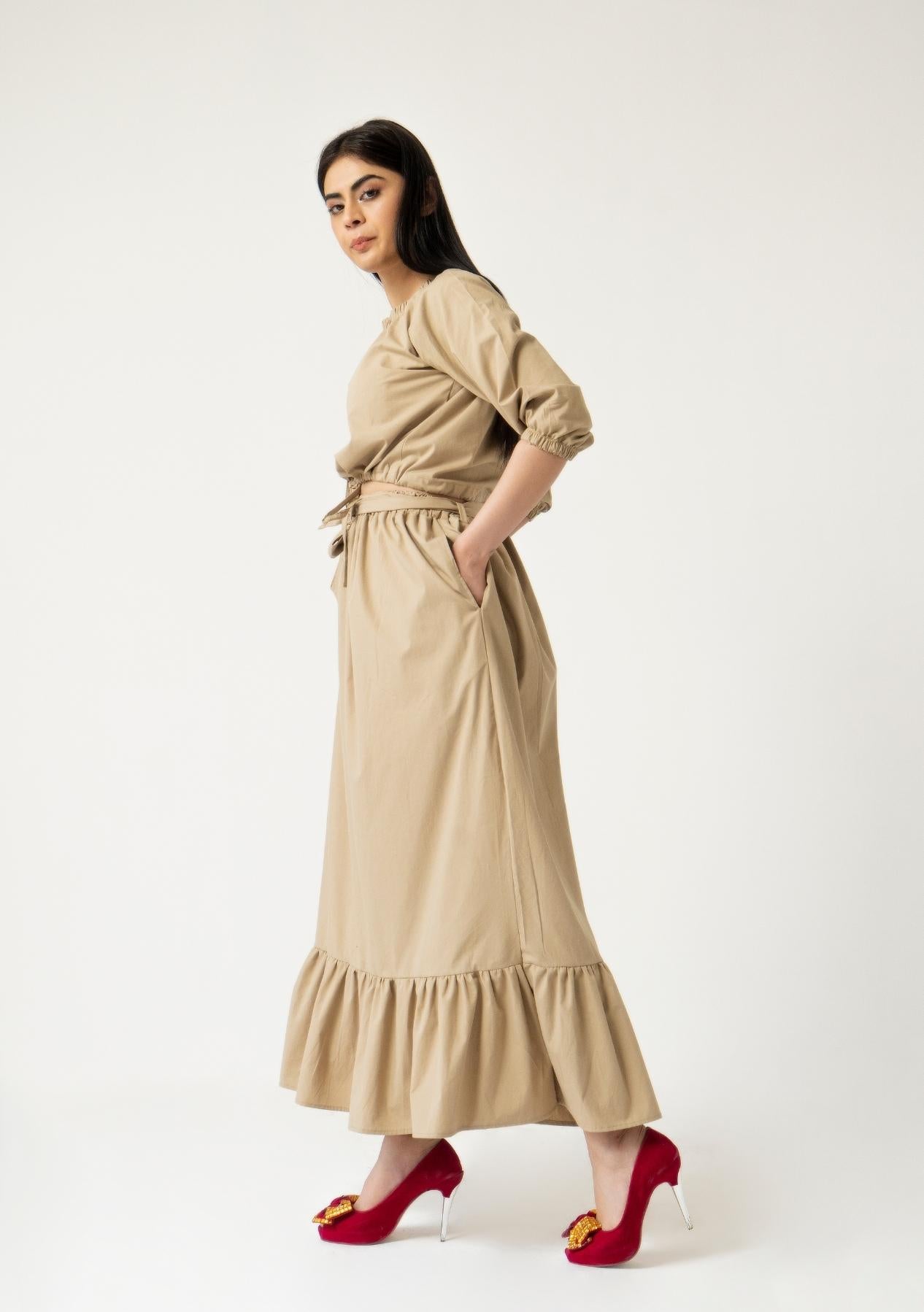Ruffle Hem Skirt with Belt - Khaki