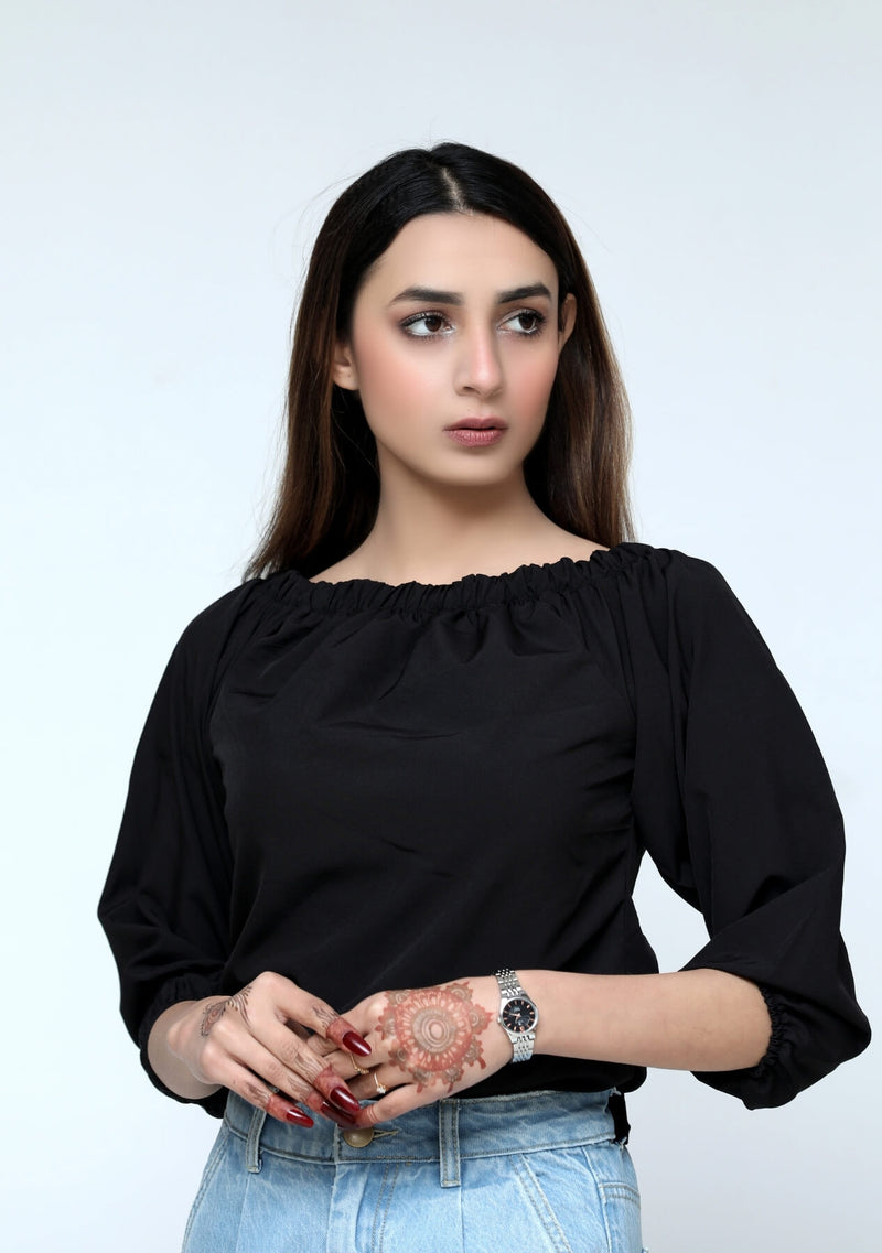 Off shoulder top with elasticated cuff - black