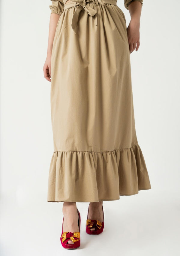 Ruffle Hem Skirt with Belt - khaki