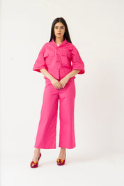 High Waisted Culotte Pant with Pleat - Fuchsia Pink
