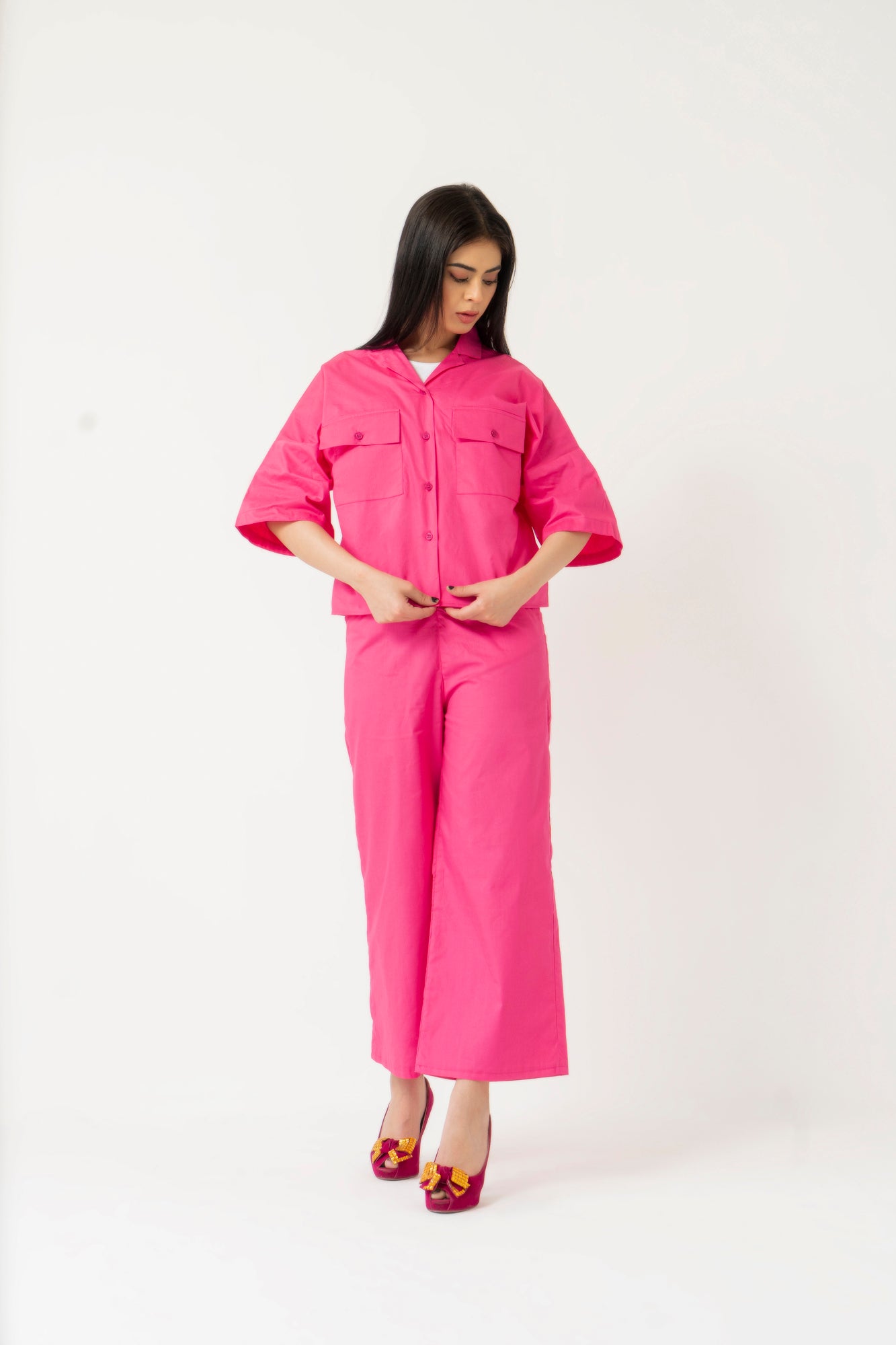 High Waisted Culotte Pant with Pleat - Fuchsia Pink