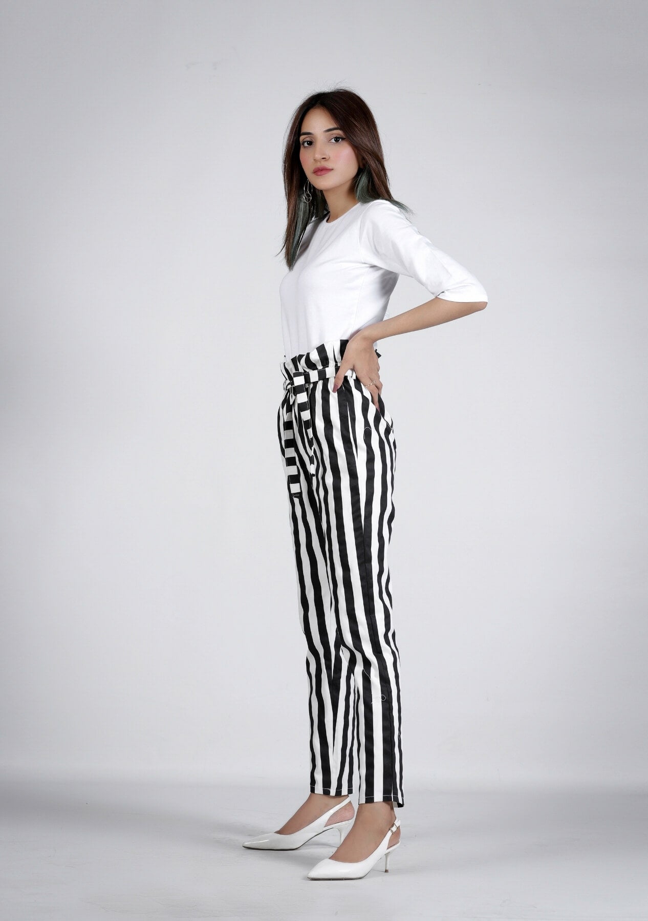 Paper Bag Pant in black white stripes