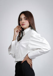Pleated Sleeve Poplin Shirt - White