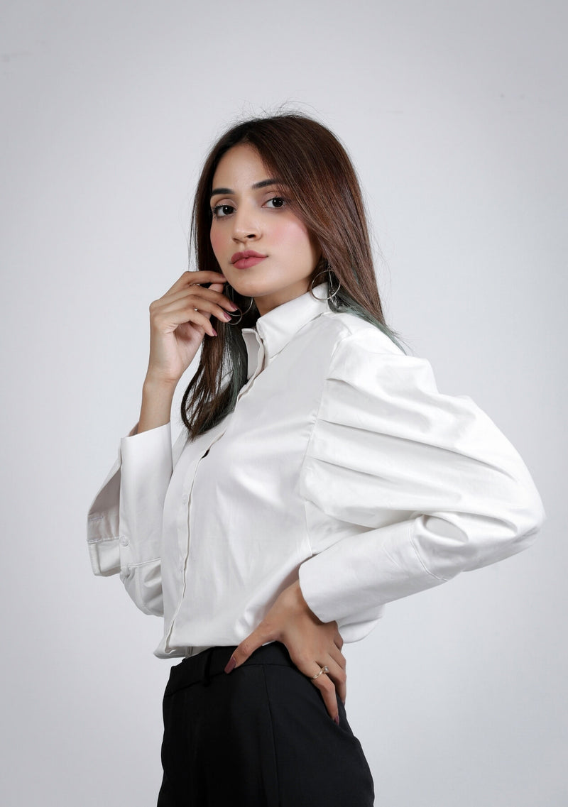 Pleated Sleeve Poplin Shirt - White