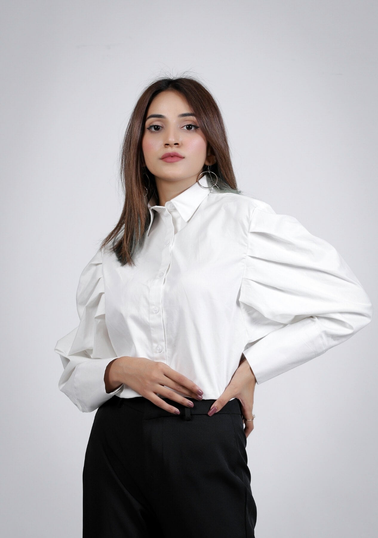 Pleated Sleeve Poplin Shirt - White