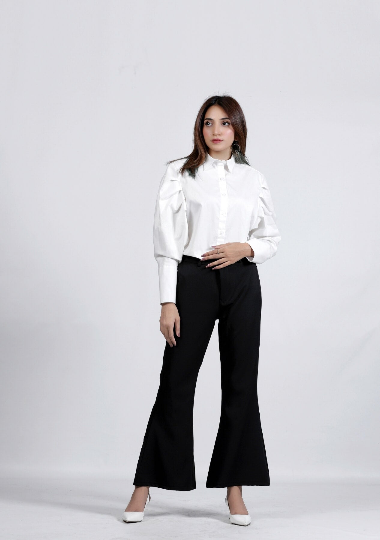 Pleated Sleeve Poplin Shirt - White