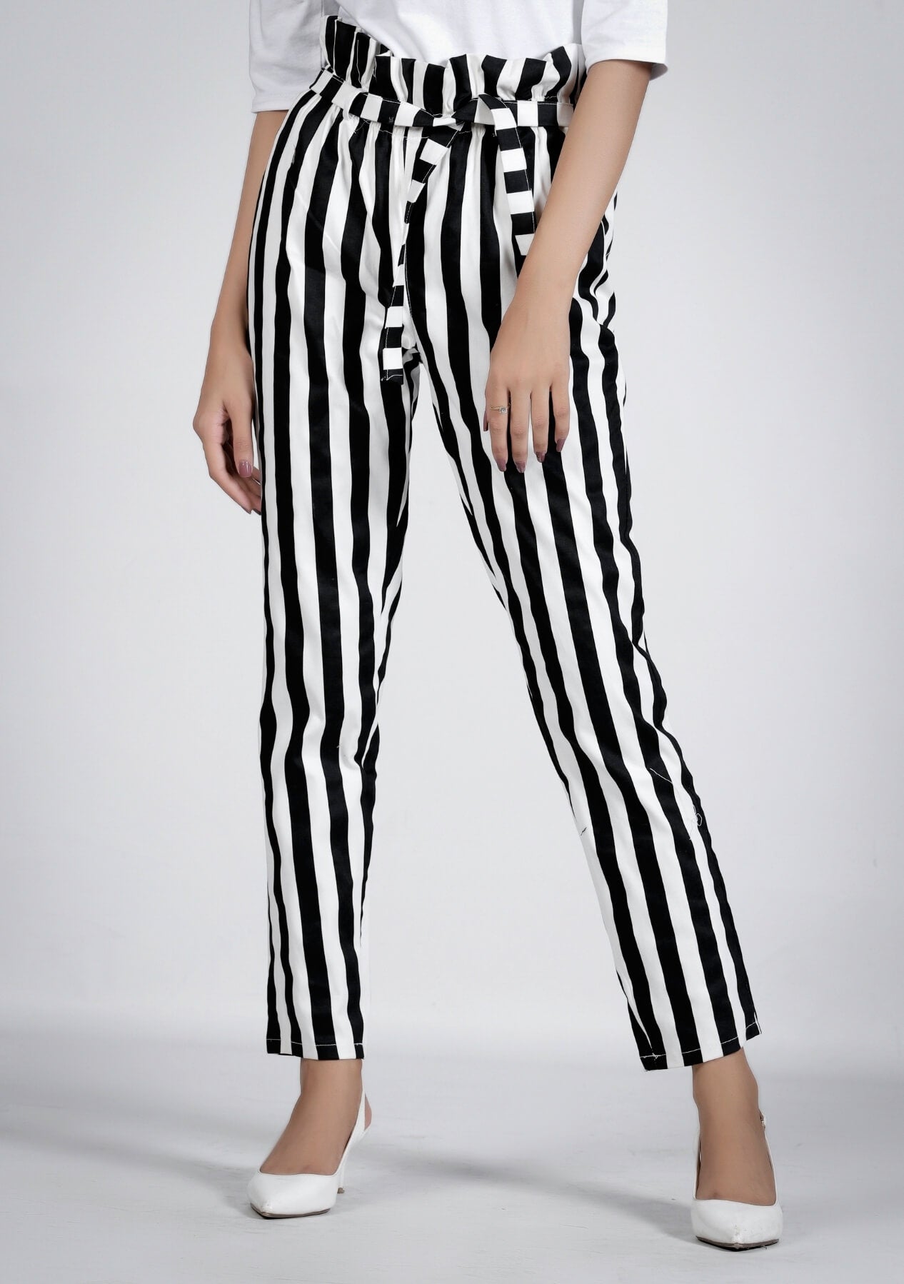 Paper Bag Pant in black white stripes